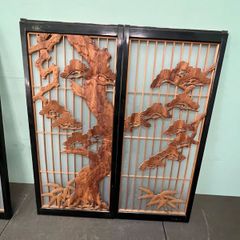 ⭐︎ 昭和 レトロ 書院障子 ３枚 セット 松 木彫り 彫刻 曇りガラス 木製フレーム