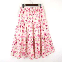 スカート フレア 花柄 ティアード ギャザー ロング L アイボリー マルチカラー 美品