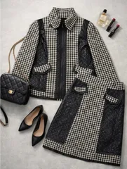 Max Blue セットアップ 千鳥格子 ジャケット スカート 9号 M相当 キルティング切替 モノトーン 上下セット レディース