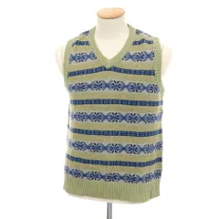 【中古】ビームスプラス BEAMS PLUS リネンコットン フェアアイル Vネック ニットベスト ライトグリーンxネイビー【サイズS】【メンズ】