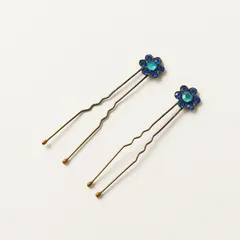 定番人気 ミハエルネグリン Michal Negrin カラーストーンフラワーモチーフ ヘアピン 2つセット ブルー┃青 花【2400014837438】