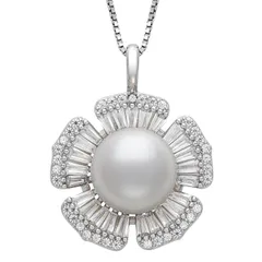 アンブランデッド レディース アクセサリー ネックレス・チョーカー・ペンダントトップ レース Unbranded Sterling Silver Button Freshwater Cultured Pearl Cubic Zirconia Flower Pe