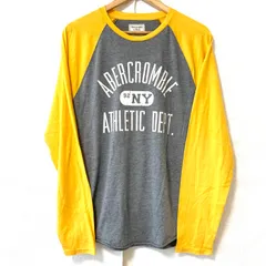(^w^)b Abercrombie&Fitch アバクロンビーアンドフィッチ アバクロ ラグラン コットン配合 クルーネック 長袖 Tシャツ ロンティ ロンT 薄手 ストリート アメカジ カジュアル ロゴプリント グレー×イエロー メンズ サイズ M