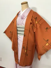 【中古】 Mサイズ 羽織 正絹 黄赤色地に格子模様 