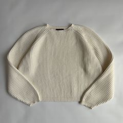 80s〜90s/Eddie Bauer/エディーバウアー/コットンニット/畔編み/リブ編み/ローゲージ/プルオーバー/クルーネック/短丈/ノームコア/オフホワイト/jmaple