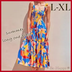 【新品】★ L〜XLサイズ★ブルー サマー ロングワンピース 夏 旅行 レディース 海外製品  着痩せ 脚長 旅行 夏カラー ロングドレス 夏ワンピ 祭り セクシー 大人ワンピ リボン 花柄ワンピース プール
