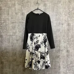 【k-258】レディース ワンピース M ブラック ホワイト 花柄ワンピース 長袖ワンピース フレアワンピース モノトーンワンピース 上品 フォーマル カジュアル 古着