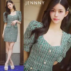 【JENNNY / ジェニー】パワーショルダーツイードドレス ダークグリーン