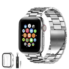 [YOFITAR] for Apple Watch バンド 保護ケース付き ステンレス製 アップルウォッチ 交換ベルト series 11/10 46mm対応 iWatch バンド Apple Watchアクセサリ 長さ調整器具付き（46mm，シルバー） 1