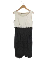 シップスリトルブラック ships little black ワンピース ノースリーブ 刺しゅう レース バイカラー ひざ丈 切替 サイズS ベージュ 黒 QQQ