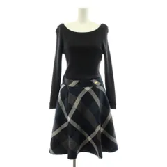 ブルーレーベルクレストブリッジ BLUE LABEL CRESTBRIDGE ワンピース フレア ひざ丈 長袖 リブニット 切替 チェック柄 ウール混 38 紺 ネイビー 55J75-261-29 /KU