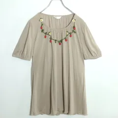 【美品！】ピンクハウス★半袖カットソー ピコレース いちご♪ ニットモチーフ パフ袖 ミルクティー系 z18676