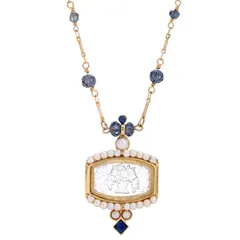 1928 レディース アクセサリー ネックレス・チョーカー・ペンダントトップ レース 1928 Gold Tone Bluetched Glass Intaglio Necklace Blue ブルー