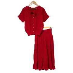 美品 PINK HOUSE ピンクハウス リボン ニット カーディガン スカート セットアップ レッド レディース 古着 中古 USED