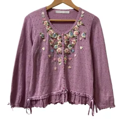 美品 PINK HOUSE ピンクハウス フラワーモチーフ すかし編み ニット カーディガン A2193KCD220 パープル レディース 古着 中古 USED