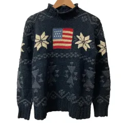 美品 POLO SPORT RALPH LAUREN ポロスポーツ ラルフローレン 星条旗 ハイネック ニット セーター サイズL ブラック×マルチカラー レディース 古着 中古 USED
