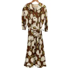 良品 INGEBORG インゲボルグ フラワープリント セーラーカラー プリーツ ロングワンピース ブラウン レディース 古着 中古 USED