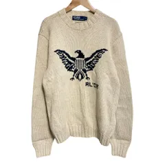 美品 POLO RALPH LAUREN ポロラルフローレン コットンリネン イーグル ハンドニット セーター S エクリュ メンズ 古着 中古 USED