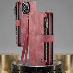 iPhone 16 Pro ケース 財布型 手帳型 ファスナー 小銭入れ カード収納 ストラップ付き レザー調 スマホケース レッド
