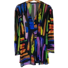 美品 伊太利屋 イタリヤ ネオンペイント Vネック カーディガン 大きいサイズ 15 ブラック マルチカラー レディース 古着 中古 USED