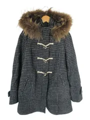 クミキョク 組曲 KUMIKYOKU ダッフル コート ジャケット フード ファー ジップアップ ボタン 千鳥格子 総柄 ブラック グレー サイズ2 QQQ