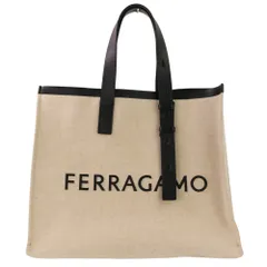 新品同様 FERRAGAMO フェラガモ ロゴ キャンバストートバッグ 24 1298 ベージュ ブラック メンズ 古着 中古 USED