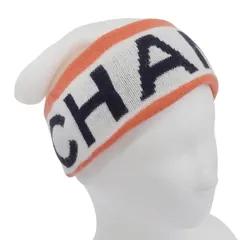 極美品▲CHANEL シャネル 2024年製 24A カシミヤ100％ ロゴデザイン 帽子 ビーニー ニットキャップ ホワイト オレンジ L 英国製 レディース