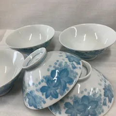 昭和レトロ　未使用　青い花柄のお茶碗　5客セット　大窯　U309