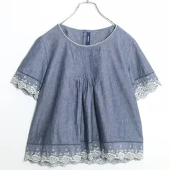 【美品！】ピンクハウス★半袖カットソー 後開き ピコレース 薔薇レース 刺しゅう ピンタック風 ギャザー ブルー系 z18679