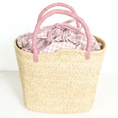 【美品】ピンクハウス★可愛い！ギンガムチェック巾着 持ち手がピンク♪ かごバッグ ベージュ×ピンク系 *ba039