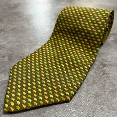 【Salvatore Ferragamo】サルヴァトーレフェラガモ シルクネクタイ シルク100% メンズ イタリア製 グリーン 緑 アニマル柄 総柄 小紋柄 クラシック ドレス ビジネス 高級ブランド ヴィンテージ