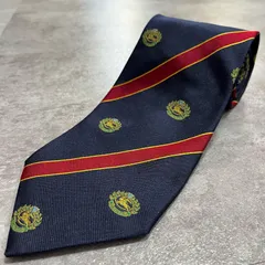 【BURBERRY】バーバリー シルクネクタイ　ロゴ入り シルク100% メンズ イタリア製 ネイビー 紺 レジメンタルストライプ ホースロゴ ナイトロゴ クレスト柄 紋章柄 ロゴ入り クラシック ドレス ビジネス 高級ブランド ヴィンテージ
