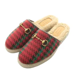 グッチ GUCCI サンダル スリッポン ハウンドトゥース ツイード ホースビット ボア 8 赤 レッド 緑 グリーン 茶 ブラウン /AN8 ☆AA★