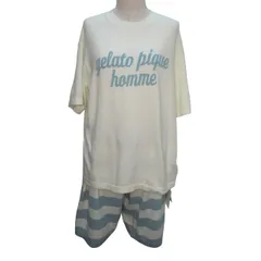 ジェラートピケオム GELATO PIQUE HOMME ルームウェア タグ付き 未使用 セットアップ 半袖 プルオーバー ハーフパンツ ロゴ ボーダー Lサイズ ホワイト系 ブルー E102900529 1126