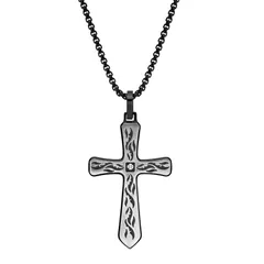 リンクス レディース アクセサリー ネックレス・チョーカー・ペンダントトップ Tシャツ レース LYNX Mens Etched Black IonPlated Stainlessteel Cross Pendant Necklace Two Tone ブラッ