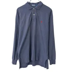 90s Polo Ralph Lauren 長袖 ポロシャツ M ネイビー ポロラルフローレン ハーフボタン ポニー刺繍 ワンポイントロゴ 春秋物 a803-5904