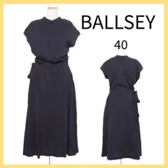 L 超美品 BALLSEY ボールジィ 40 Lサイズ 濃紺 ウエストリボン ロング 半袖ワンピース ネイビー  超美品！BALLSEY 知的なネイビーのバンドカラーワンピース♪ S0030