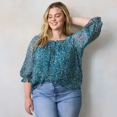 LC Lauren Conrad レディース トップス シャツ プラスサイズ ブラウス Plusize LC Lauren Conrad 34 Length Sleeve Squareneck Blouse Navy Ditzy Astrid ネイビー