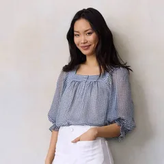 LC Lauren Conrad レディース トップス シャツ プチ ブラウス Petite LC Lauren Conrad 34 Length Sleeve Square Neck Blouse Navy Lively Gingham ネイビー
