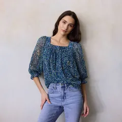 LC Lauren Conrad レディース トップス シャツ プチ ブラウス Petite LC Lauren Conrad 34 Length Sleeve Square Neck Blouse Navy Ditzy Astrid ネイビー