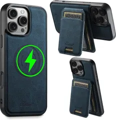 6M238 iPhone 16 Proケース MagSafe対応  背面magsafe カードケース付き 分離式 ワイヤレス充電対応  スタンド機能 背面カード入れ 革 レザー ス耐衝撃保護  6.1 インチ用ブルー