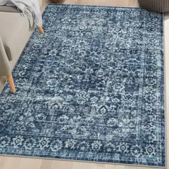 【数量限定】ペルシャ風 ラグマット 1畳 オールシーズン適用 ふわふわ おしゃれ 滑り止め 90×150cm ホットカーペット対応 防ダニ 防臭 洗える 軽量 防音マット リビング ラグ 寝室 チェアマット アンティーク HAOCOO 花柄 ブルーのサムネイル