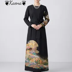 ❦Kaena❦　着物リメイク　ロングワンピース　結婚式ドレス　黒留袖　花柄　扇　ベルト紐付き　ブラック　黒