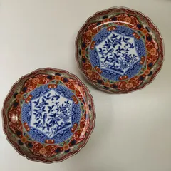 【２点セット】美濃焼　庫山窯　染錦花鳥　盛皿　色絵　古伊万里　L1971