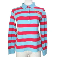 パーリーゲイツ PEARLY GATES ポロシャツ ゴルフウェア 長袖 ボーダー 刺繡 プリント 1 M相当 水色 赤 X