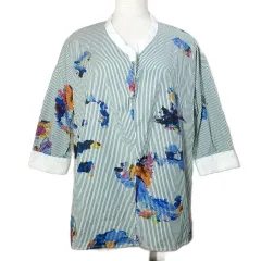 バッカ BACCA クレリックシャツ ストライプ 総柄 プルオーバー 7分袖 ドロップショルダー グリーン ホワイト /X