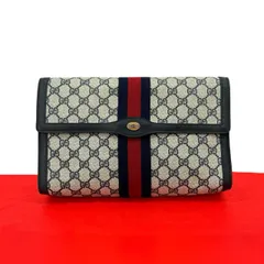 極 美品 GUCCI グッチ オールドグッチ シェリーライン GG ロゴ 柄 レザー 本革 クラッチバッグ ハンドバッグ ネイビー レッド 77309