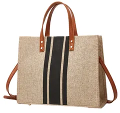 2WAY トートバッグ キャンバス ショルダー バッグ 大容量 カジュアル ストライプ 手提げ 肩掛け ナチュラルカラー 通勤 通学 レディース スクエア マザーズバッグ 2カラー かばん 鞄 カバン BAG ハンドバッグ ミニ 旅行 サブバッグ [ブラック]