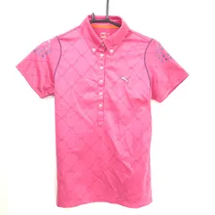 【美品】プーマ 半袖ポロシャツ ピンク×パープル 地模様 パイピングラインラメ ボタンダウン レディース O(XL) ゴルフウェア PUMA