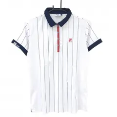 【超美品】フィラゴルフ 半袖ポロシャツ 白×ネイビー ストライプ ボタンダウン レディース L ゴルフウェア FILA GOLF